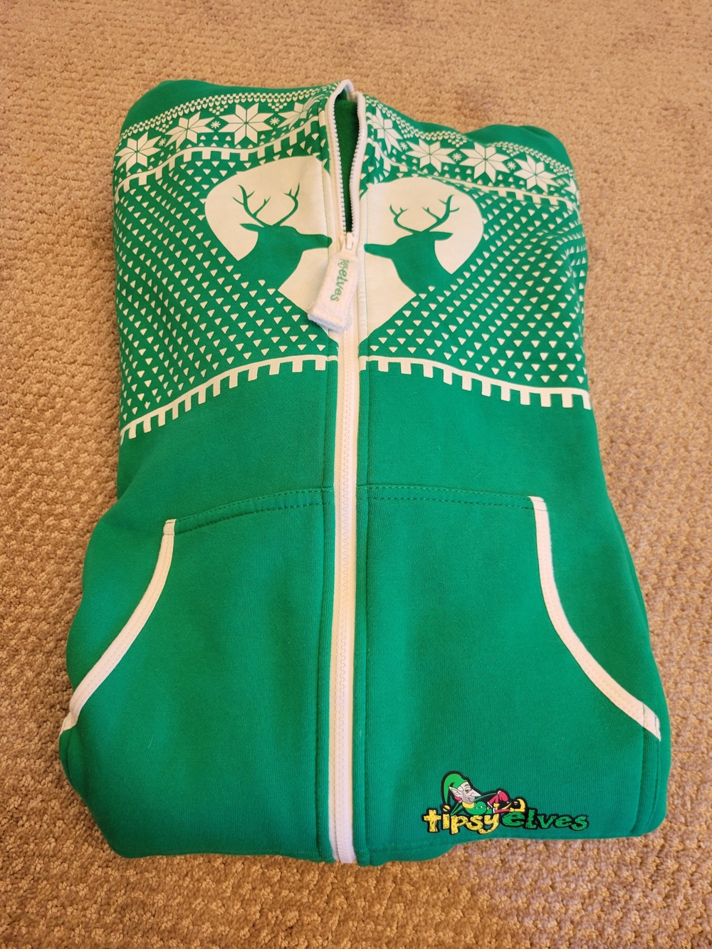 Tipsy Elves Green Holiday Zip-Up with White Fair Isle Accents